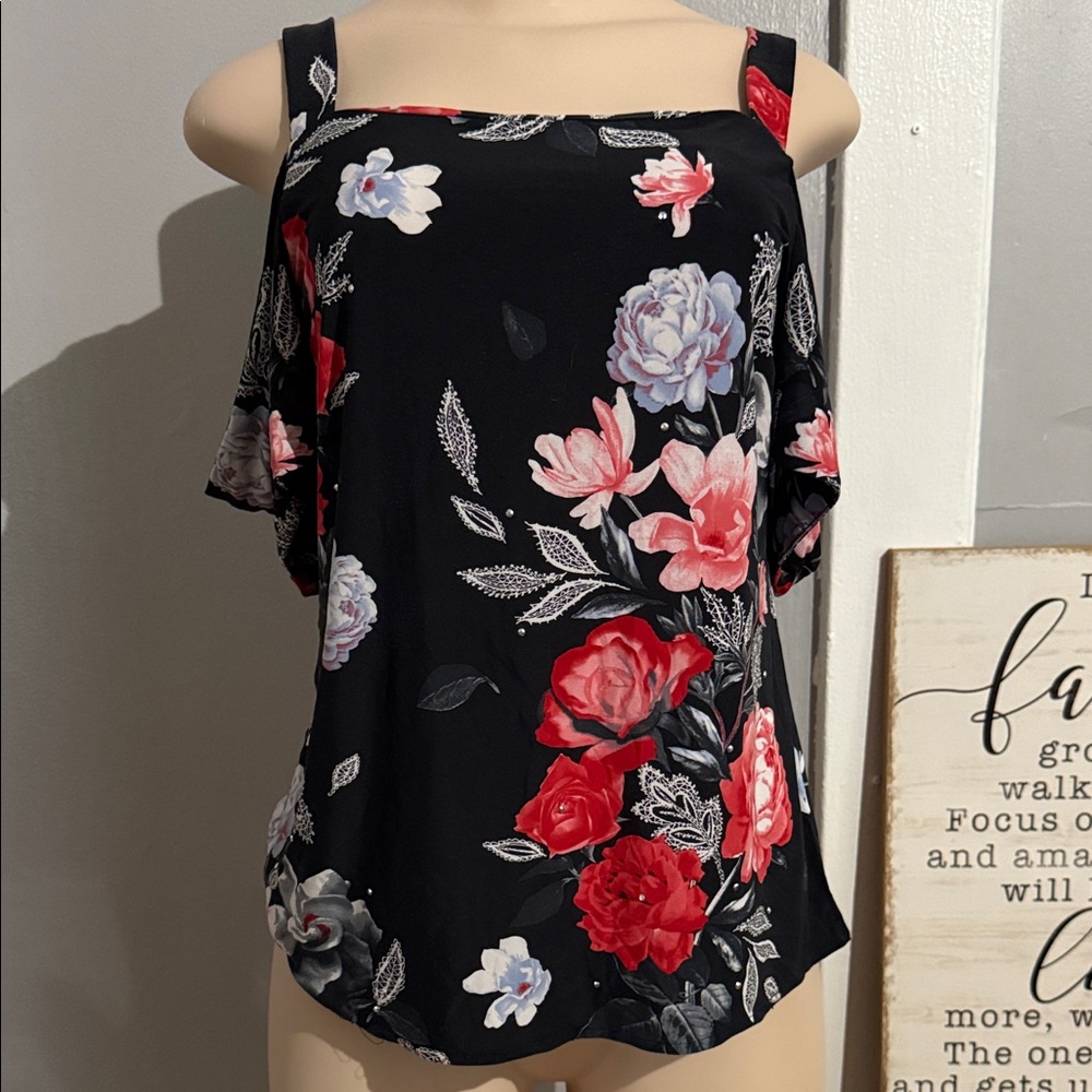 INC International Concepts Black and Red Floral Blouse